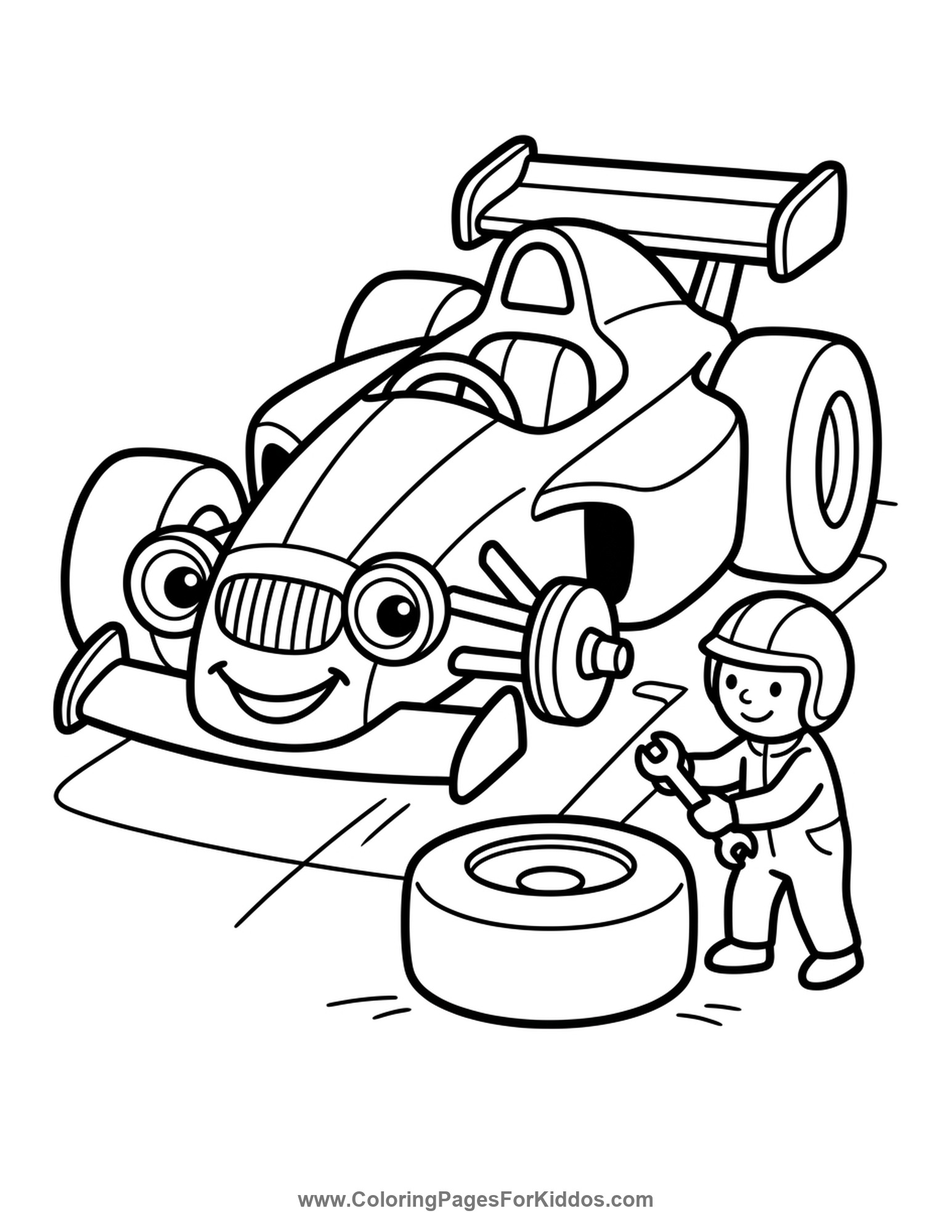 Race Car Changing Tire coloring page