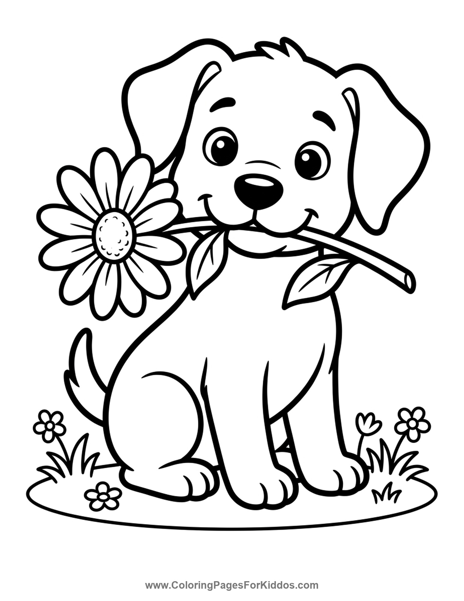 Puppy Holding A Flower coloring page