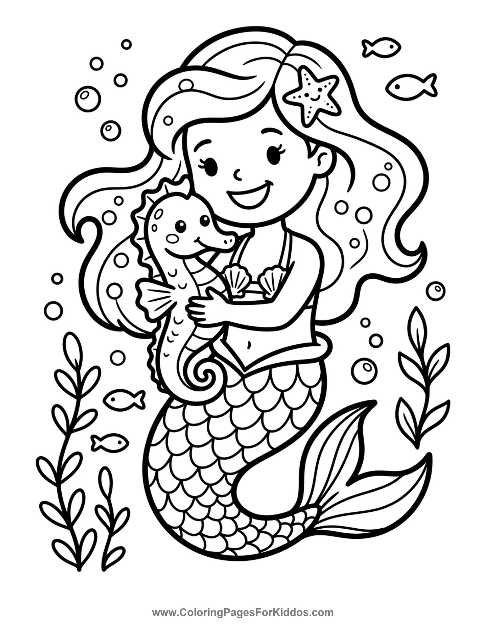 Mermaid Hugging A Seahorse coloring page
