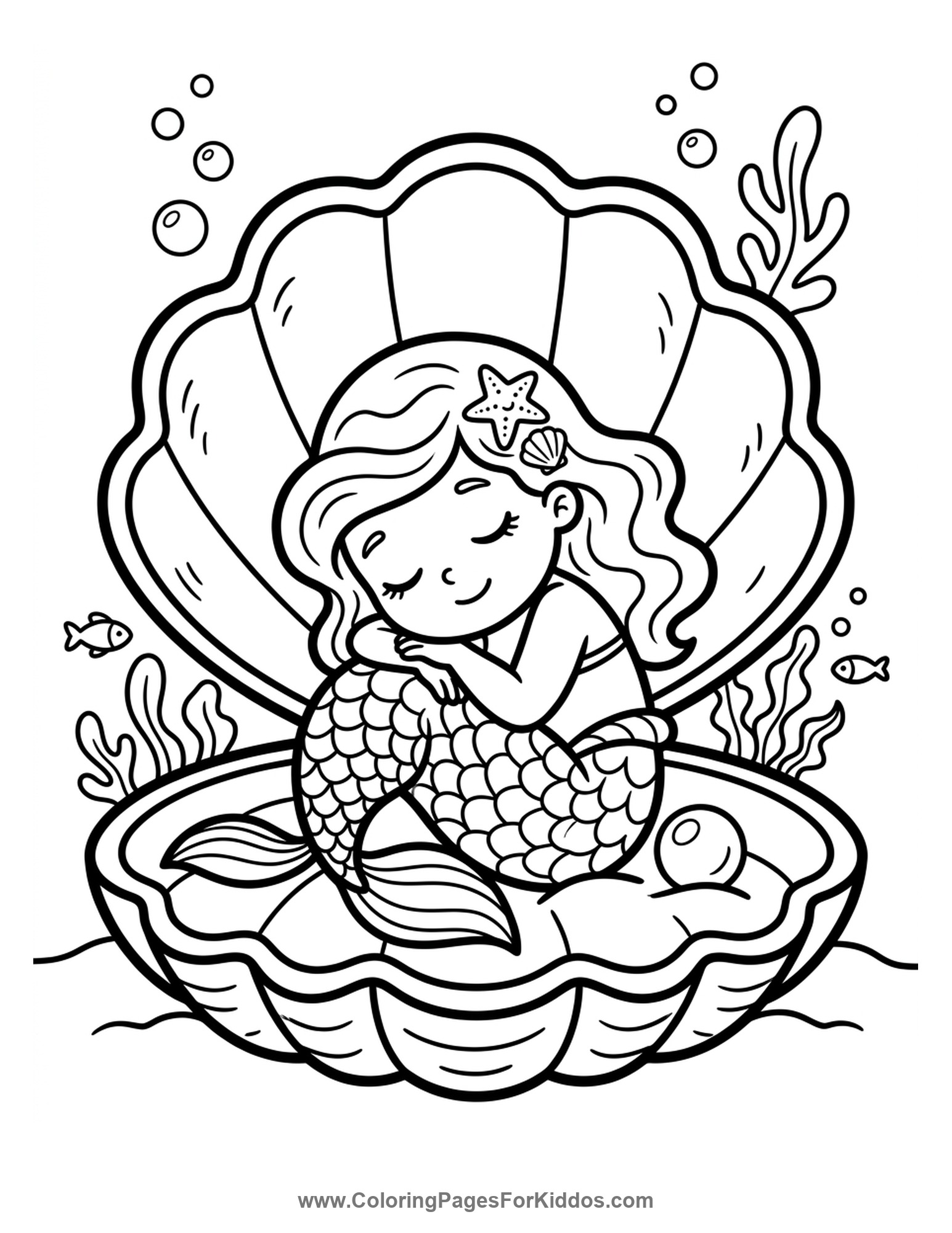 Mermaid Napping On A Clamshell coloring page