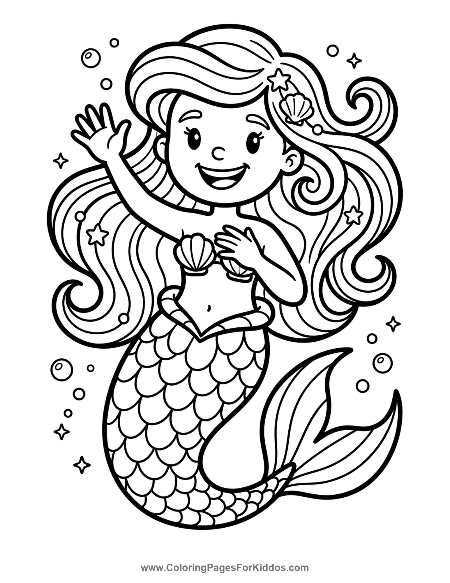 Smiling Waving Mermaid coloring page
