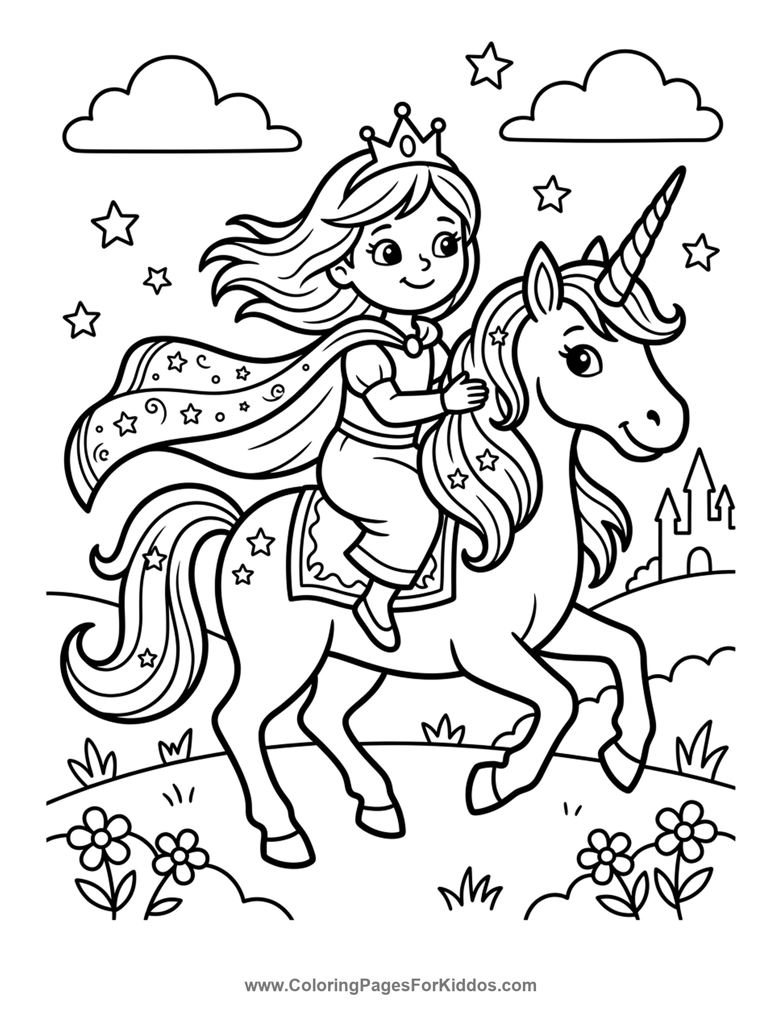 Princess Riding Her Unicorn coloring page